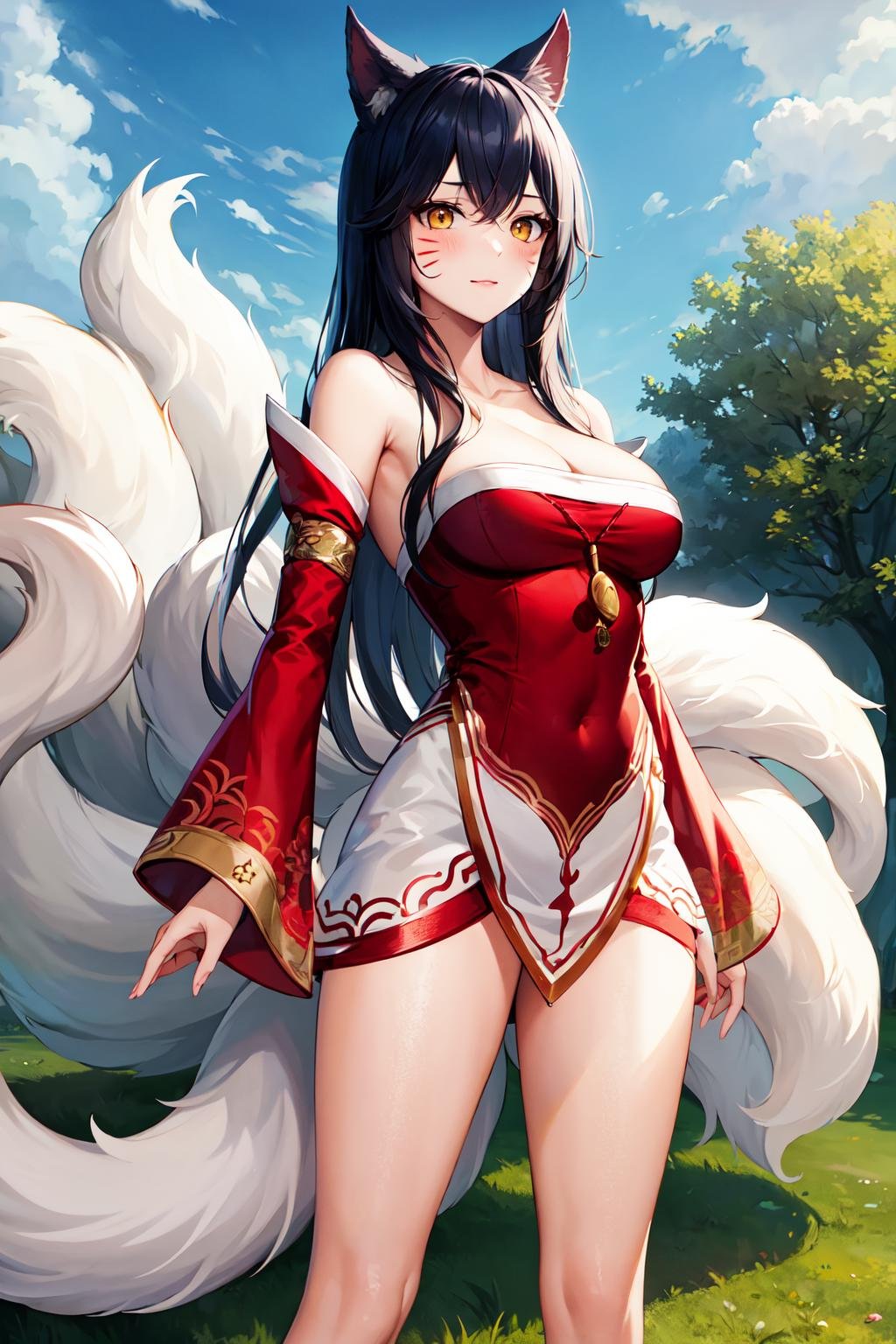 masterpiece, best quality, highres, ah1, facial mark, multiple tails, fox tails, korean clothes, cleavage, bare shoulders, detached sleeves, <lora:ahri_v10:0.7>, outdoors, standing, cowboy shot,