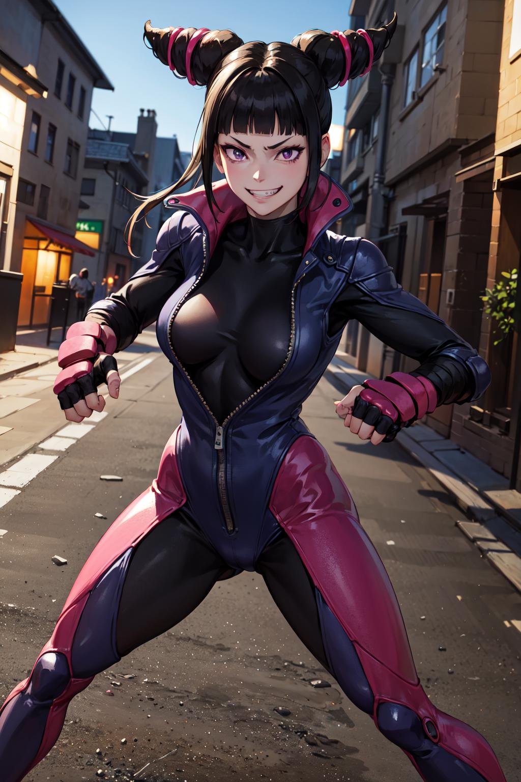 masterpiece, best quality, highres, twojuri, purple eyes, long sleeves, <lora:han_juri_v1:0.8>, fighting stance, evil grin, outdoors