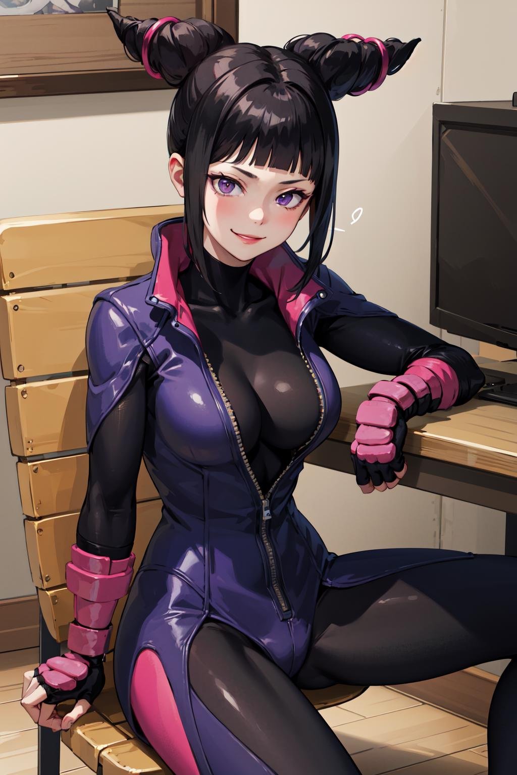 masterpiece, best quality, highres, twojuri, purple eyes, long sleeves, <lora:han_juri_v1:0.8>, sitting, smile, 