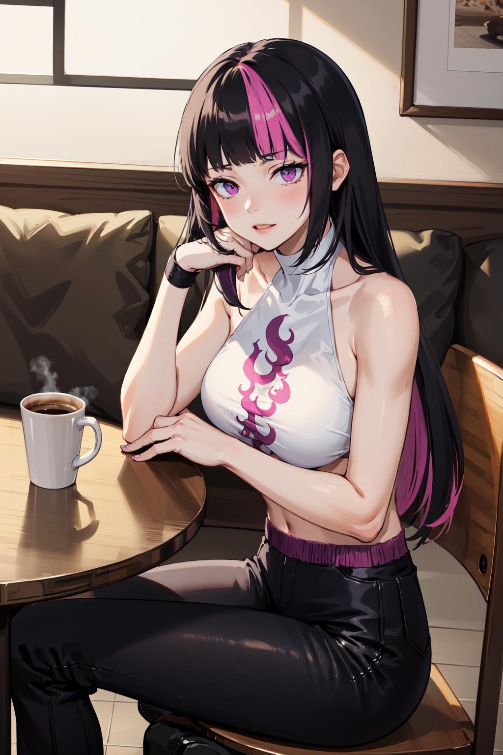 masterpiece, best quality, highres, thrjuri, multicolored hair, purple eyes, black pants, <lora:han_juri_v1:0.8>, sitting, coffee, table, indoors, cafe,