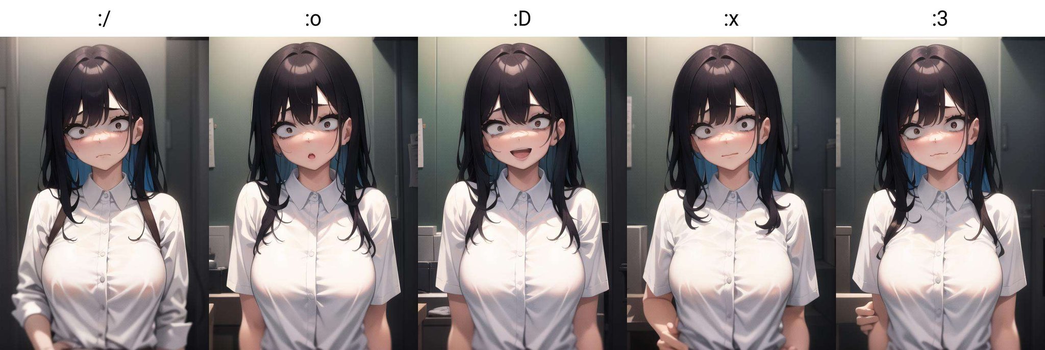 <lora:constricted_pupils_v0.2a:1.0> 1girl, white shirt, constricted pupils, :/,, masterpiece, best quality, highly detailed