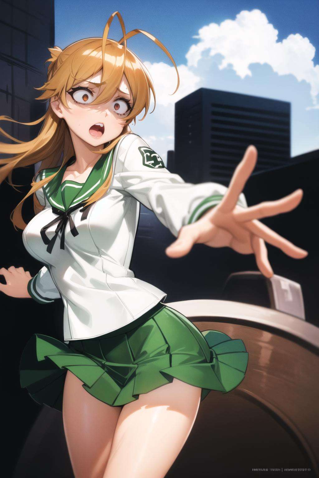 <lora:constricted_pupils_v0.2a:1.0> 1girl, constricted pupils, :o,<lora:miyamoto_rei_v1.5:1> miyamoto rei, school uniform, zombies,  green skirt, pleated skirt,, masterpiece, best quality, highly detailed