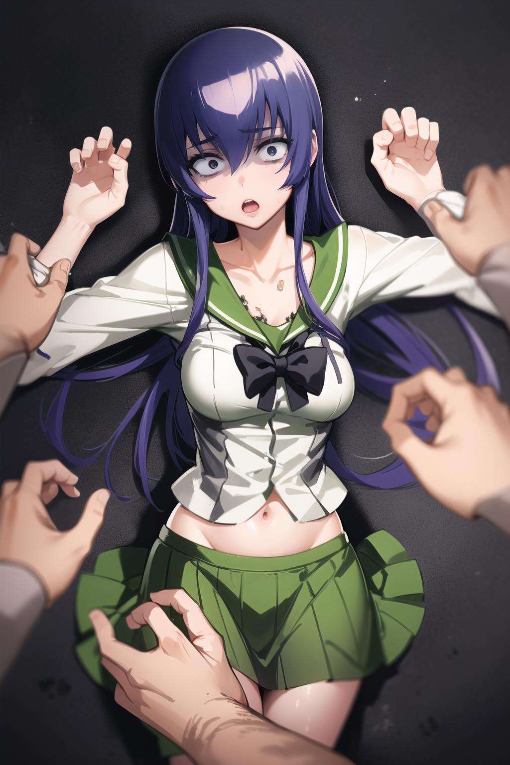 <lora:constricted_pupils_v0.2a:1.0> 1girl, constricted pupils, :o, (pov hands:1.2),<lora:busujima_saeko_v1.0:1> busujima saeko, school uniform, holding sword, zombies, sheath,  green skirt, pleated skirt,, masterpiece, best quality, highly detailed