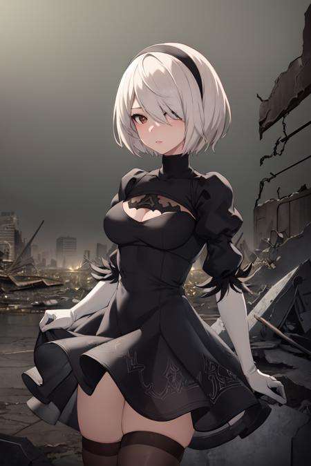 ((best quality)), ((masterpiece)), (detailed), ultra detailed, 1girl, solostare, looking at viewer, (interview:1.3), (dark background, the ruined city:1.3)<lora:Eternal2Bv2:0.7>yorha no. 2 type b,