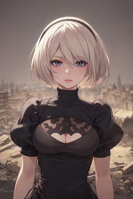 ((best quality)), ((masterpiece)), (detailed), ultra detailed, 1girl, solostare, looking at viewer, (interview:1.3), (dark background, the ruined city:1.3)<lora:Eternal2Bv2:0.7>yorha no. 2 type b,