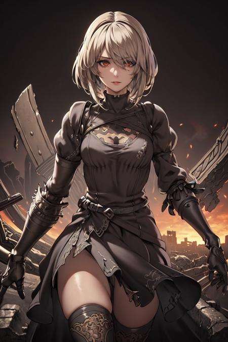 ((best quality)), ((masterpiece)), (detailed), ultra detailed, 1girl, solostare, looking at viewer, (interview:1.3), (dark background, the ruined city:1.3)ultra detailed, 1girl, solo<lora:Eternal2Bv2:0.7>yorha no. 2 type b,<lora:MaleniaMv3:1>