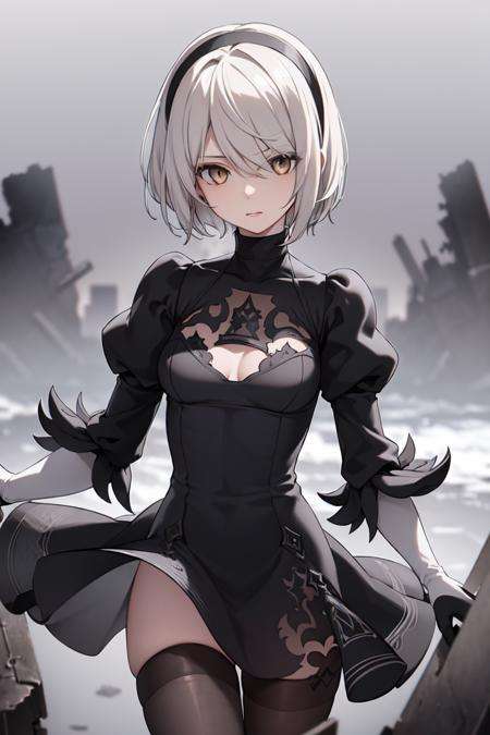 ((best quality)), ((masterpiece)), (detailed), ultra detailed, 1girl, solostare, looking at viewer, (interview:1.3), (dark background, the ruined city:1.3)ultra detailed, 1girl, solo <lora:Eternal2Bv2:0.7>yorha no. 2 type b, 