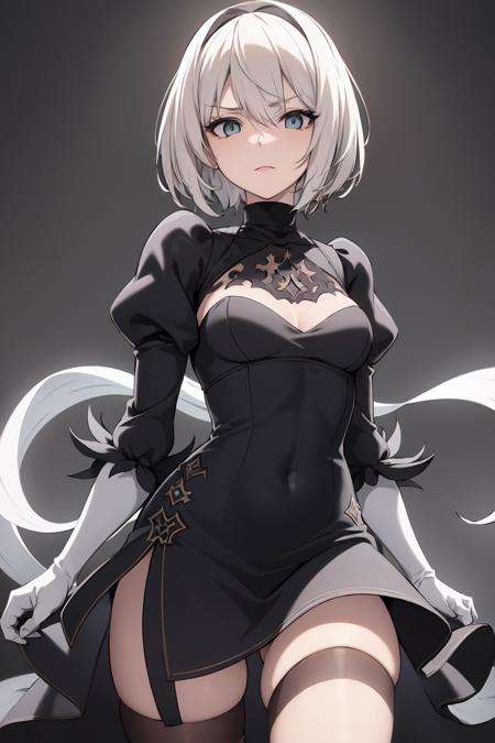 ((best quality)), ((masterpiece)), (detailed), ultra detailed, 1girl, solostare, looking at viewer, (interview:1.3), (dark background, the ruined city:1.3)ultra detailed, 1girl, solo <lora:Eternal2Bv2:0.7>yorha no. 2 type b,katana, broken sword, 