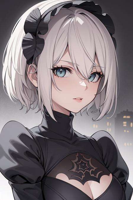 ((best quality)), ((masterpiece)), (detailed), ultra detailed, 1girl, solostare, looking at viewer, (interview:1.3), (dark background, the ruined city:1.3)ultra detailed, 1girl, solo <lora:Eternal2Bv2:0.7>yorha no. 2 type b, 