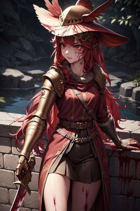 ((best quality)), ((masterpiece)), (detailed), ultra detailed, 1girl, solostare, looking at viewer, (interview:1.3),malenia blade of miquella,  <lora:MaleniaMv3:0.7>1girl, blood, blood_on_clothes, blood_on_hands, blood_on_weapon, blood_splatter, blood_stain, feathers, gloves, guro, hat, hat_feather, helmet, holding, holding_weapon, long_hair, red_hair, solo, sword, weapon,