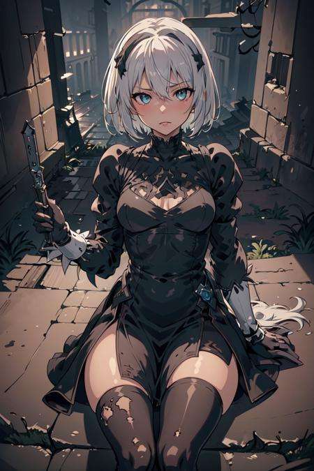 ((best quality)), ((masterpiece)), (detailed), ultra detailed, 1girl, solostare, looking at viewer, (interview:1.3), (dark background, the ruined city:1.3)ultra detailed, 1girl, solo<lora:Eternal2Bv2:0.7>yorha no. 2 type b, <lora:ASTYLEMERGE:0.8>