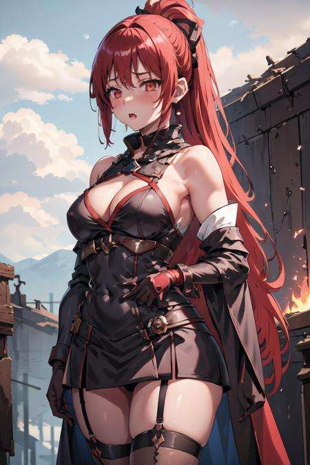 1girl, bangs, bare_shoulders, blue_sky, blush, breasts, cleavage, cloud, cloudy_sky, day, earrings, eyebrows_visible_through_hair, garter_straps, gloves, hand_on_hip, jewelry, large_breasts, long_hair, looking_at_viewer, open_mouth, outdoors, ponytail, red_eyes, red_gloves, red_hair, skirt, sky, solo, thighhighsmaya Ikusaba <lora:Maya IkusabaV3:0.7> ((best quality)), ((masterpiece)), (detailed)(interview:1.3), (dark background, fire:1.3) <lora:ASTYLEMERGE:1>