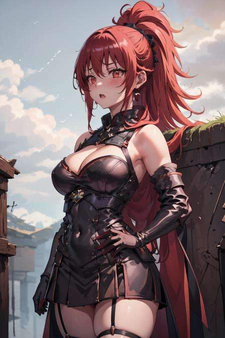 1girl, bangs, bare_shoulders, blue_sky, blush, breasts, cleavage, cloud, cloudy_sky, day, earrings, eyebrows_visible_through_hair, garter_straps, gloves, hand_on_hip, jewelry, large_breasts, long_hair, looking_at_viewer, open_mouth, outdoors, ponytail, red_eyes, red_gloves, red_hair, skirt, sky, solo, thighhighsmaya Ikusaba <lora:Maya IkusabaV3:0.7> ((best quality)), ((masterpiece)), (detailed)(interview:1.3), (dark background, fire:1.3) <lora:ASTYLEMERGE:1>