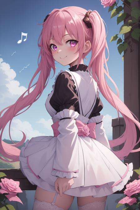 8k, masterpiece, absurdres, anime, (looking at viewer, looking back), 1girl, twintails, flower, rose, solo, pink_rose, pink_flower, smile <lora:Masterpiace:0.8>eye_focus, musical_note, 1girl, solo, treble_clef