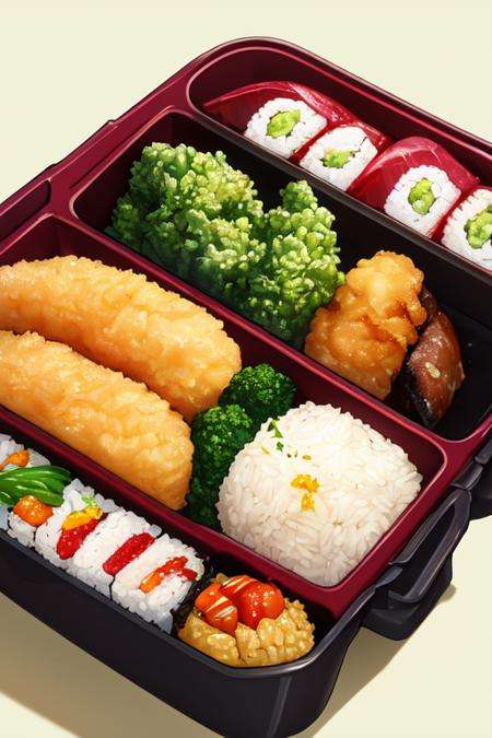 <lora:KaguyaV2:0.75>((best quality)), ((masterpiece)), (detailed), ultra detailed,no_humans, food_focus, food, rice, shrimp, yellow_background, fish, bento, still_life, tempura, omelet, sushi, vegetable, meat