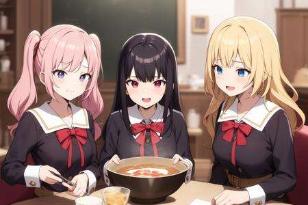 <lora:FoodGen:0.7>((best quality)), ((masterpiece)), (detailed)Create an anime image featuring five girls in a magical academy. The girls are all wearing school uniforms, with each uniform reflecting the girl's personality. The first girl has short blue hair and is wearing a blue uniform, the second girl has long pink hair and is wearing a pink uniform, the third girl has curly blonde hair and is wearing a yellow uniform, the fourth girl has black hair in twin tails and is wearing a green uniform, and the fifth girl has long purple hair and is wearing a purple uniform.The girls are gathered around a large magical cauldron, which is bubbling with a bright pink potion. They are all smiling and laughing as they work together to create the potion. The image should convey a sense of camaraderie and friendship between the girls, with a focus on their unique personalities and the magical world they inhabit.The overall tone of the image should be bright and cheerful, with a magical and whimsical atmosphere. The image should be of high quality, with attention to detail and shading to create a sense of depth and realism 