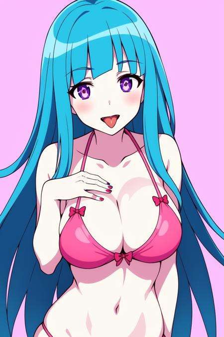 <lora:ME!ME!V1:0.75>BiBa meme \(me!me!me!\), ((best quality)), ((masterpiece)), (detailed) 1girlbangs, bikini, blue_hair, blunt_bangs, bow, breasts, cleavage, collarbone, long_hair, looking_at_viewer, nail_polish, open_mouth, oral_invitation, purple_eyes, red_bow, simple_background, solo, swimsuit, tongue, tongue_outa cartoon character with blue hair and a bra top on, making a surprised face and holding her hand out, Aya Goda, gapmoe yandere grimdark, an anime drawing, superflat