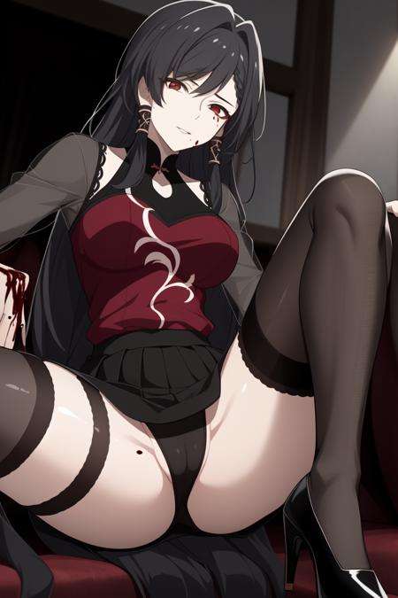 Aiyou Xu<lora:Aiyou XuV1(update it later):0.7>((best quality)), ((masterpiece)), (detailed) 1girl, black_hair, blood, blood_on_clothes, blood_on_face, blood_on_hands, blood_splatter, breasts, garter_straps, high_heels, injury, jewelry, long_hair, looking_at_viewer, red_eyes, red_shirt, sitting, solo, thighhighs