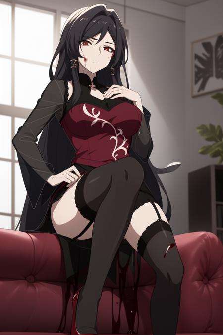 Aiyou Xu<lora:Aiyou XuV1(update it later):0.7>((best quality)), ((masterpiece)), (detailed) 1girl, black_hair, blood, blood_on_clothes, blood_on_face, blood_on_hands, blood_splatter, breasts, garter_straps, high_heels, injury, jewelry, long_hair, looking_at_viewer, red_eyes, red_shirt, sitting, solo, thighhighs