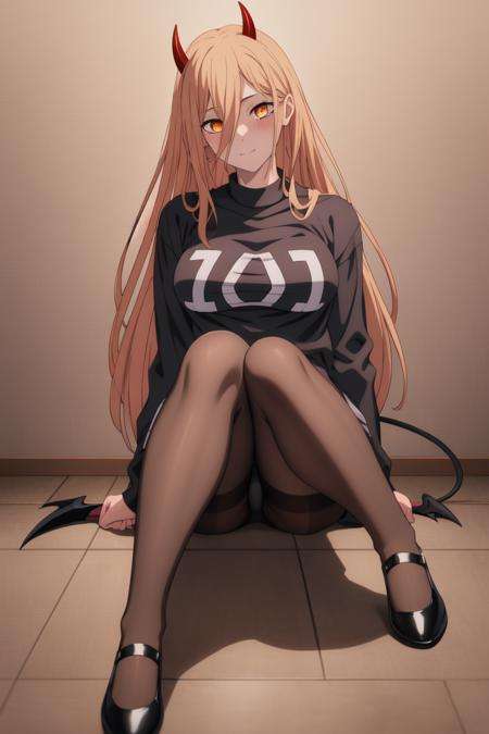 BoBa((best quality)), ((masterpiece)), (detailed)<lora:BoBaV2:0.65>1girl, black_jacket, breasts, demon_girl, demon_horns, demon_tail, horns, jacket, long_hair, medium_breasts, pants, pantyhose, power_\(chainsaw_man\), shirt, shoes, solo, sword, white_shirt