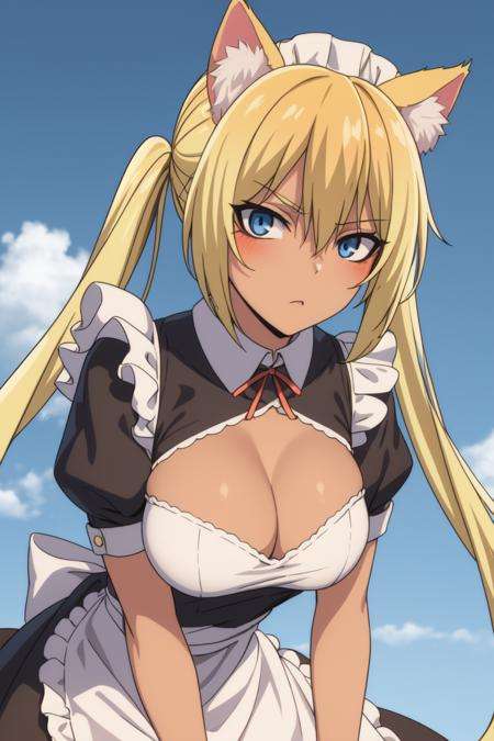 Bertrand <lora:BertrandV1:0.8>((best quality)), ((masterpiece)), (detailed)1girl, animal_ears, blonde_hair, blue_eyes, blue_sky, breasts, cat_cutout, cat_ears, cat_lingerie, cleavage, cleavage_cutout, clothing_cutout, cloud, cloudy_sky, dark_skin, day, long_hair, maid, maid_headdress, outdoors, sky, solo, sword, twintails