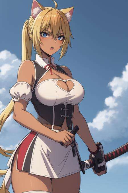 Bertrand <lora:BertrandV1:0.8>((best quality)), ((masterpiece)), (detailed)1girl, animal_ears, baseball_bat, blonde_hair, blue_eyes, blue_sky, breasts, cat_cutout, cat_ears, cleavage, cleavage_cutout, clothing_cutout, cloud, dark_skin, day, frills, hair_between_eyes, heart_cutout, holding, holding_baseball_bat, holding_sword, holding_weapon, katana, long_hair, looking_at_viewer, medium_breasts, open_mouth, outdoors, over_shoulder, puffy_short_sleeves, puffy_sleeves, short_sleeves, sky, solo, sword, sword_over_shoulder, weapon, weapon_over_shoulder, wooden_sword