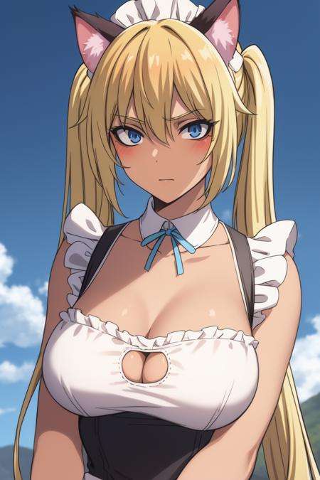 Bertrand <lora:BertrandV1:0.8>((best quality)), ((masterpiece)), (detailed)1girl, animal_ears, blonde_hair, blue_eyes, blue_sky, breasts, cat_cutout, cat_ears, cat_lingerie, cleavage, cleavage_cutout, clothing_cutout, cloud, cloudy_sky, dark_skin, day, long_hair, maid, maid_headdress, outdoors, sky, solo, sword, twintails