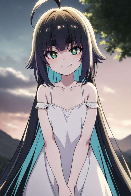 Mitama((best quality)), ((masterpiece)), (detailed) 1girl<lora:MitamaV1:0.75>(interview:1.3) upper body, 1girl, ahoge, bangs, bare_shoulders, black_hair, blurry, blurry_background, closed_mouth, cloud, cloudy_sky, collarbone, dress, eyebrows_visible_through_hair, green_eyes, long_hair, looking_at_viewer, mountain, multicolored_hair, outdoors, sky, smile, solo, sunset, tree, very_long_hair