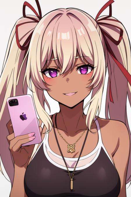 <lora:DakiniV1:0.78>dakini((best quality)), ((masterpiece)), (detailed) 1girl1girl, bangs, blush, cellphone, collarbone, dark-skinned_female, dark_skin, eyebrows_visible_through_hair, hair_between_eyes, hair_ribbon, heart, heart_necklace, holding, holding_phone, jewelry, long_hair, looking_at_viewer, necklace, phone, purple_eyes, ribbon, selfie, smartphone, smile, solo, twintails