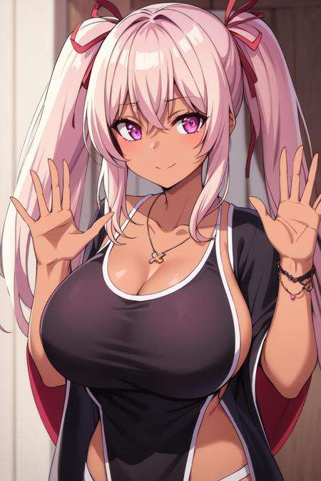 <lora:DakiniV1:0.7>dakini((best quality)), ((masterpiece)), (detailed) 1girl1girl, ;\), blurry, blurry_background, breasts, cleavage, collarbone, dark-skinned_female, dark_skin, gyaru, hair_ribbon, jewelry, looking_at_viewer, necklace, ok_sign, one_eye_closed, open_hand, pink_eyes, pink_hair, ribbon, smile, solo, tan, twintails, upper_body, waving