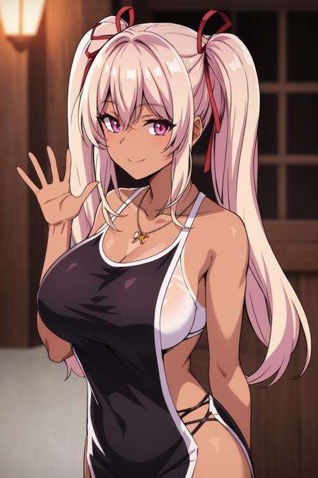 <lora:DakiniV1:0.7>dakini((best quality)), ((masterpiece)), (detailed) 1girl1girl, ;\), blurry, blurry_background, breasts, cleavage, collarbone, dark-skinned_female, dark_skin, gyaru, hair_ribbon, jewelry, looking_at_viewer, necklace, ok_sign, one_eye_closed, open_hand, pink_eyes, pink_hair, ribbon, smile, solo, tan, twintails, upper_body, waving