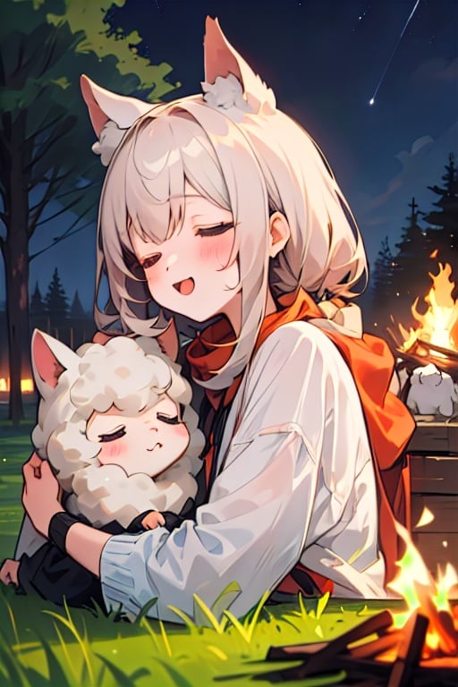 1girl, sleepeace, sheeps, animals, tree, night_sky, bonfire, camping:1.2), upper_body,