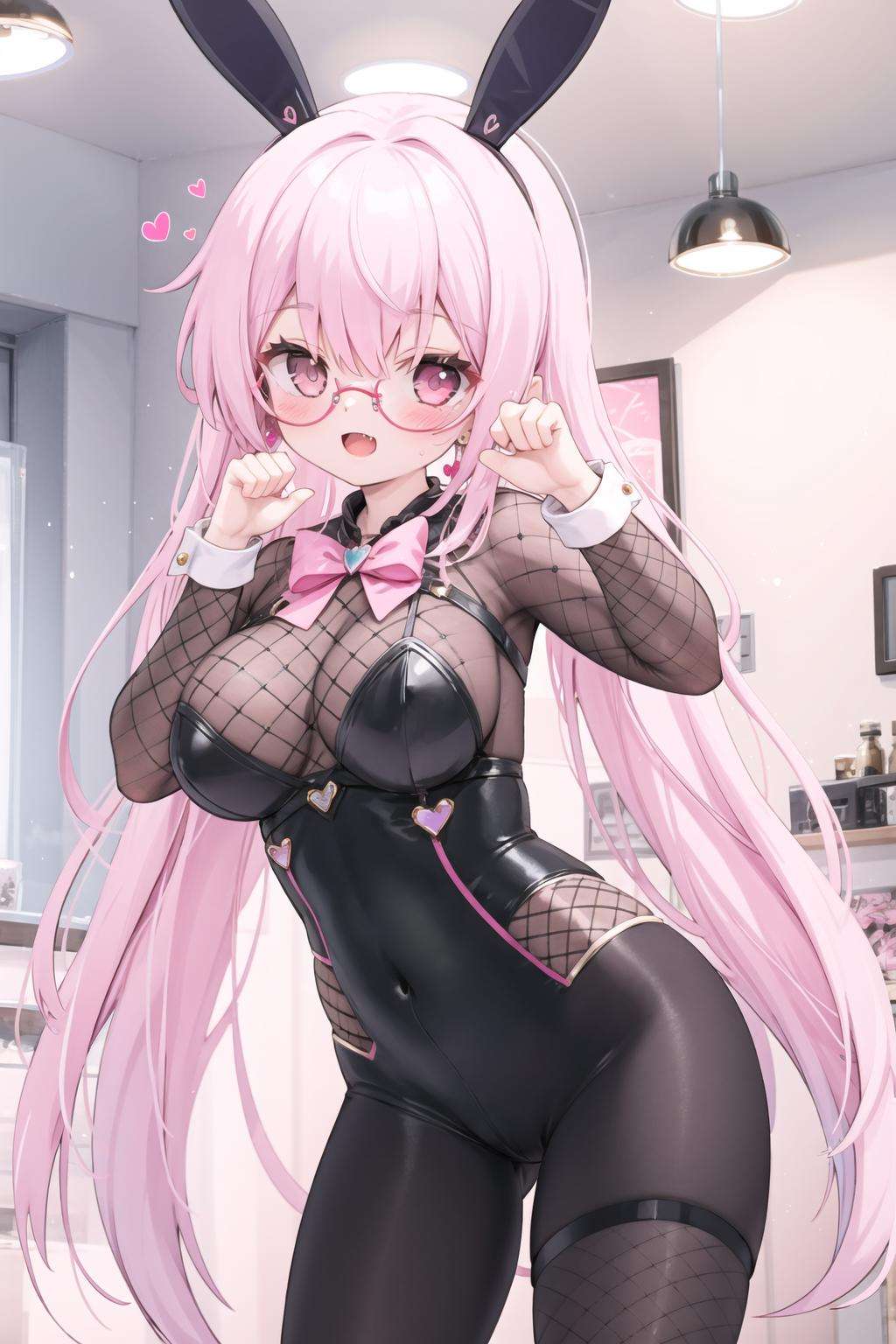 1girl,solo,large breasts,pink hair,pink eyes,(colored eyelashes, pink eyelashes:1.2),(+++(gstar earrings,glasses:1)),
(very long hair:1),(long hair:0),(short hair:0),
(hair_up:0),(twintails:0),(hair_bun:0),(crown_braid:0),(side_ponytail:0),

(cowboy shot),
fishnet bodysuit, reverse bunnysuit,heart pasties,heart pasties,light smile,bowtie,  white pantyhose,covered nipples, indoors,open mouth, leaning forward, hanging breasts, (claw pose),open mouth, skin fang