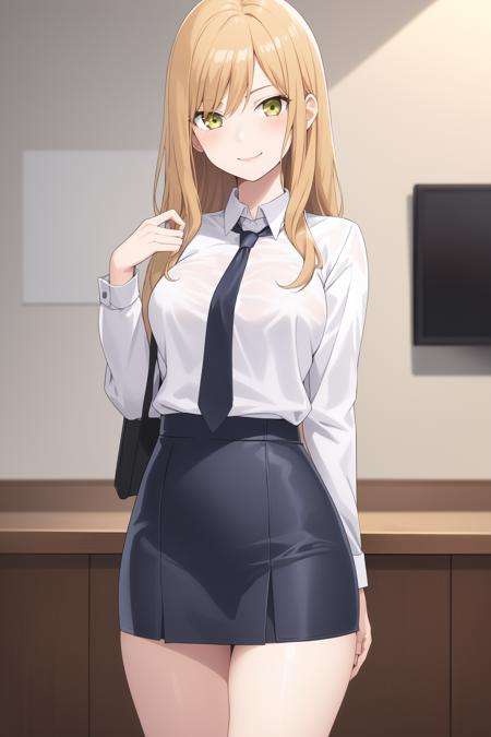 best quality, ultra detailed, 1girl, solo, standing, bangs, medium breasts, white shirt, necktie, stare, smile, (evil:1.2), looking at viewer, (interview:1.3) <lora:AkaneKinoshitaMerge:0.7> Akane Kinoshita