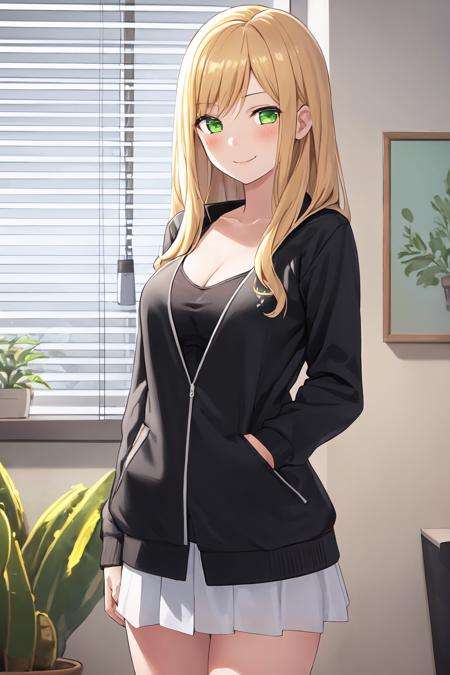 1girl, bamboo, bangs, black_jacket, blinds, blonde_hair, blush, bottle, breasts, cactus, cleavage, collarbone, cowboy_shot, cup, drinking_glass, eyebrows_visible_through_hair, flower_pot, green_eyes, indoors, jacket, leaf, long_hair, long_sleeves, looking_at_viewer, medium_breasts, open_clothes, open_jacket, palm_leaf, palm_tree, plant, potted_plant, shirt, smile, solo, standing, swept_bangs, tanabata, tanzaku, vase, white_shirt, window, (interview:1.3)((best quality)), ((masterpiece)), (detailed), best quality, ultra detailed<lora:AkaneKinoshitaMerge:0.7> Akane Kinoshita