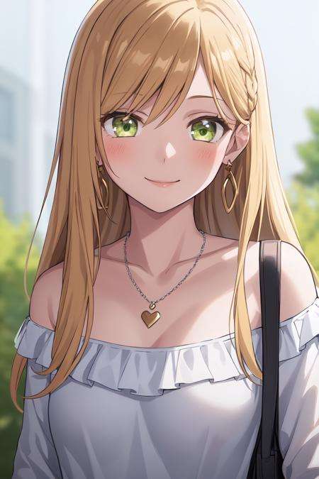 1girl, bag, bangs, blonde_hair, collarbone, earrings, green_eyes, jewelry, long_hair, necklace, shirt, smile, solo, upper_body<lora:AkaneEternal2kV2:0.7>((best quality)), ((masterpiece)), (detailed), ultra detailed