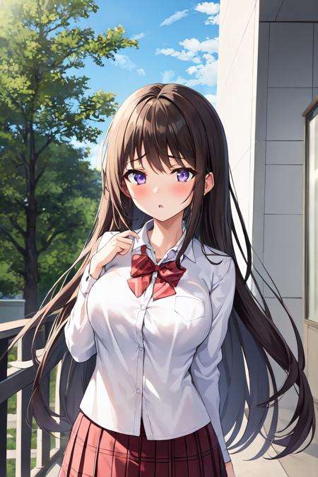 <lora:MarinaAkitsuki-v2:0.5>1girl, bangs, blue_sky, blush, bow, bowtie, breasts, brown_hair, building, cloud, cloudy_sky, cowboy_shot, day, eyebrows_visible_through_hair, house, large_breasts, long_hair, long_sleeves, looking_at_viewer, outdoors, parted_lips, pleated_skirt, purple_eyes, red_bow, red_skirt, school_uniform, shirt, skirt, sky, solo, tree, very_long_hair