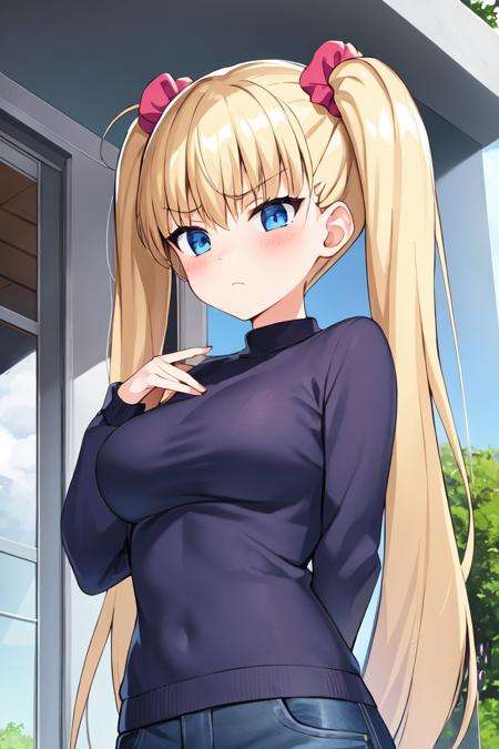 1girl, blonde_hair, blue_eyes, blue_sky, blush, breasts, bush, cloud, cloudy_sky, day, frown, hair_ornament, hair_scrunchie, long_hair, long_sleeves, looking_at_viewer, medium_breasts, outdoors, scrunchie, shirt, sky, solo, tree, twintails, upper_body, windowanime, hdr, soft light, ((best quality)), ((masterpiece)), (detailed),<lora:AiriAkizukiV1:0.7>