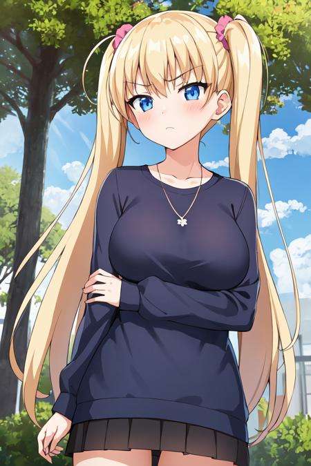 1girl, blonde_hair, blue_eyes, blue_sky, blush, breasts, bush, cloud, cloudy_sky, day, frown, hair_ornament, hair_scrunchie, long_hair, long_sleeves, looking_at_viewer, medium_breasts, outdoors, scrunchie, shirt, sky, solo, tree, twintails, upper_body, windowanime, hdr, soft light, ((best quality)), ((masterpiece)), (detailed),<lora:AiriAkizukiV1:0.7>