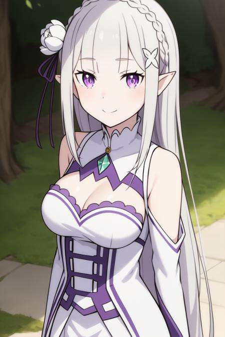 Emilia <lora:EmiliaV2:0.7>masterpiece, best quality,1girl, bangs, bare_shoulders, blunt_bangs, blurry, blurry_background, blurry_foreground, blush, braid, breasts, cleavage, closed_mouth, cloud, crown_braid, day, depth_of_field, detached_sleeves, dress, emilia_\(re:zero\), eyebrows_visible_through_hair, flower, gem, hair_flower, hair_ornament, hair_ribbon, lens_flare, long_hair, looking_at_viewer, low-tied_long_hair, medium_breasts, one_eye_closed, outdoors, pleated_skirt, pointy_ears, purple_eyes, purple_ribbon, ribbon, silver_hair, skirt, sky, smile, solo, very_long_hair, white_flower