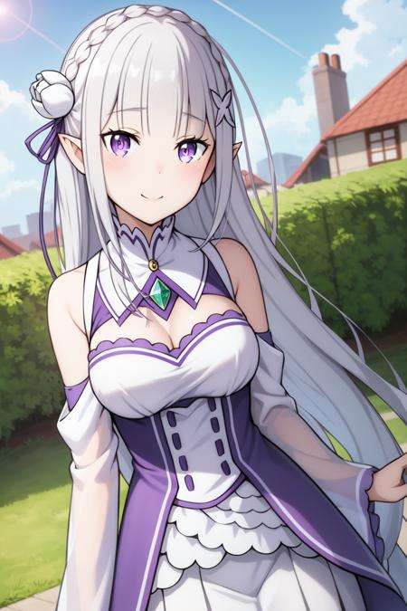 Emilia <lora:EmiliaV2:0.7>masterpiece, best quality,1girl, bangs, bare_shoulders, blunt_bangs, blurry, blurry_background, blurry_foreground, blush, braid, breasts, cleavage, closed_mouth, cloud, crown_braid, day, depth_of_field, detached_sleeves, dress, emilia_\(re:zero\), eyebrows_visible_through_hair, flower, gem, hair_flower, hair_ornament, hair_ribbon, lens_flare, long_hair, looking_at_viewer, low-tied_long_hair, medium_breasts, one_eye_closed, outdoors, pleated_skirt, pointy_ears, purple_eyes, purple_ribbon, ribbon, silver_hair, skirt, sky, smile, solo, very_long_hair, white_flower