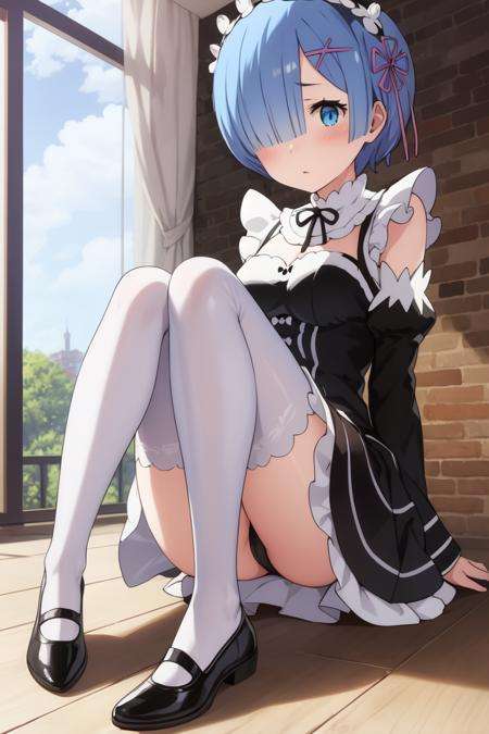 Rem<lora:RemV1:0.7>striped_legwear, sitting, 