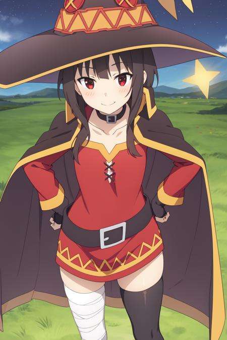 Megumin<lora:meguminV3:0.7>1girl, bandages, belt, black_gloves, black_hair, black_legwear, blush, cape, collar, collarbone, dress, fingerless_gloves, gloves, hand_on_hip, hat, holding, looking_at_viewer, megumin, red_dress, red_eyes, saint_quartz_\(fate\), short_hair, single_thighhigh, smile, solo, sparkle, star_\(symbol\), star_choker, star_hair_ornament, star_necklace, star_pasties, star_print, starfish, starry_background, thighhighs, wand, witch_hat