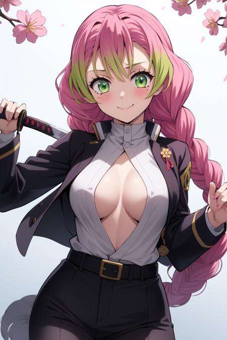 Mitsuri Kanroji<lora:Mitsuri KanrojiV1:0.6> 1girl, bangs, belt, black_jacket, blush, braid, breasts, cherry_blossoms, cleavage, closed_mouth, collarbone, day, glint, gradient_hair, green_eyes, green_hair, haori, heart, holding_sword, holding_weapon, jacket, japanese_clothes, kanroji_mitsuri, katana, long_hair, long_sleeves, looking_at_viewer, medium_breasts, mole, mole_under_eye, multicolored_hair, outdoors, partially_unbuttoned, petals, pink_hair, shirt, smile, solo, sword, two-tone_hair, unbuttoned, uniform, upper_body, weapon, white_background, white_belt