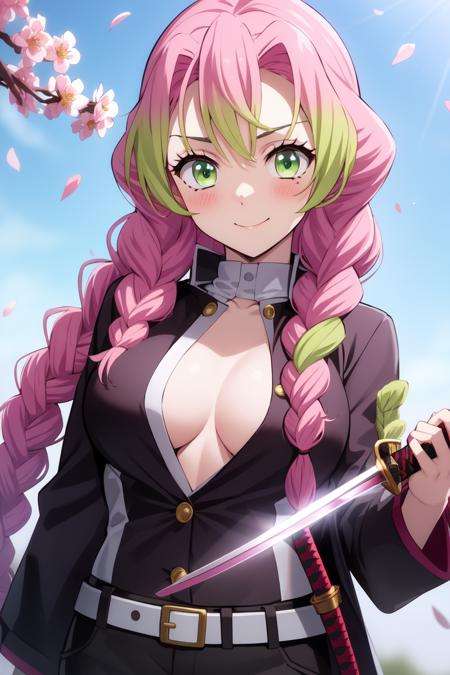Mitsuri Kanroji<lora:Mitsuri KanrojiV1:0.6> 1girl, bangs, belt, black_jacket, blush, braid, breasts, cherry_blossoms, cleavage, closed_mouth, collarbone, day, glint, gradient_hair, green_eyes, green_hair, haori, heart, holding_sword, holding_weapon, jacket, japanese_clothes, kanroji_mitsuri, katana, long_hair, long_sleeves, looking_at_viewer, medium_breasts, mole, mole_under_eye, multicolored_hair, outdoors, partially_unbuttoned, petals, pink_hair, shirt, smile, solo, sword, two-tone_hair, unbuttoned, uniform, upper_body, weapon, white_background, white_belt