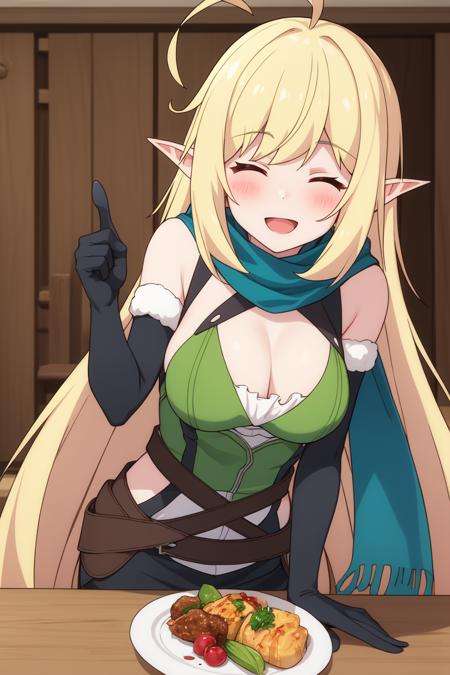 halkara<lora:HalkaraV2:0.76>1girl, :d, ^_^, ahoge, bangs, black_gloves, blonde_hair, breasts, cleavage, closed_eyes, elf, eyebrows_visible_through_hair, facing_viewer, food, fork, gloves, green_scarf, index_finger_raised, long_hair, medium_breasts, open_mouth, pointing, pointy_ears, scarf, smile, solo