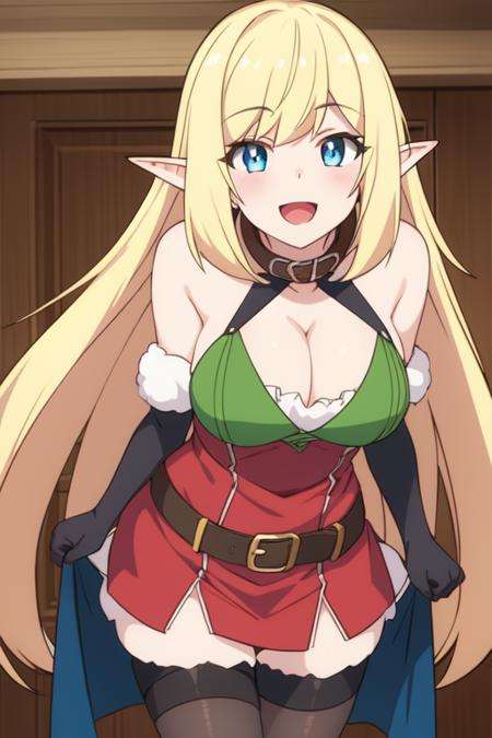 halkara<lora:HalkaraV2:0.76>1girl, :d, blonde_hair, blue_eyes, breasts, cleavage, collar, elf, eyebrows_visible_through_hair, long_hair, looking_at_viewer, open_mouth, pointy_ears, smile, solo