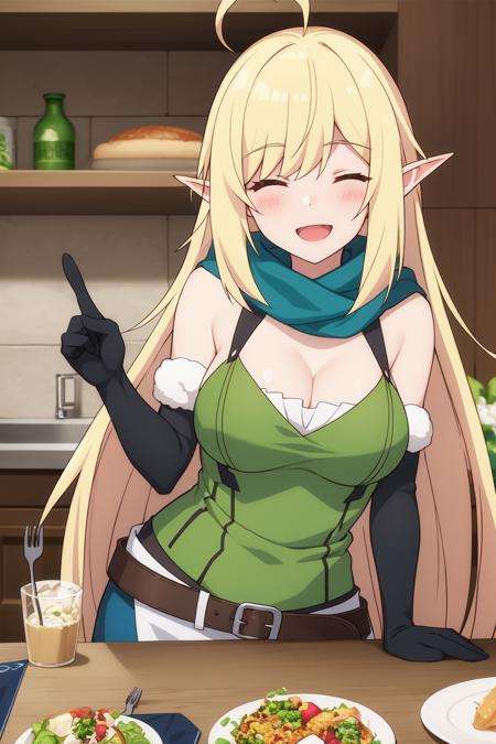 halkara<lora:HalkaraV2:0.76>1girl, :d, ^_^, ahoge, bangs, black_gloves, blonde_hair, breasts, cleavage, closed_eyes, elf, eyebrows_visible_through_hair, facing_viewer, food, fork, gloves, green_scarf, index_finger_raised, long_hair, medium_breasts, open_mouth, pointing, pointy_ears, scarf, smile, solo