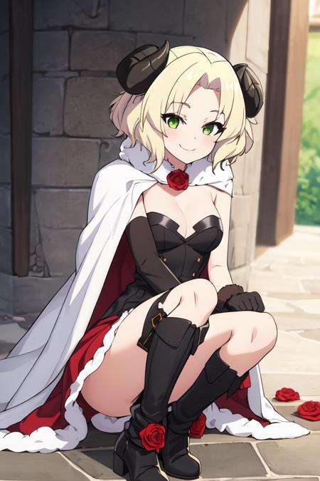 <lora:PecoraV1:0.77>pecora((best quality)), ((masterpiece)), (detailed)1girl, ankle_boots, black_footwear, blonde_hair, breasts, cape, coat, dress, flower, full_body, fur_trim, gloves, green_eyes, horns, red_rose, rose, short_hair, smile, solo, transparent_background