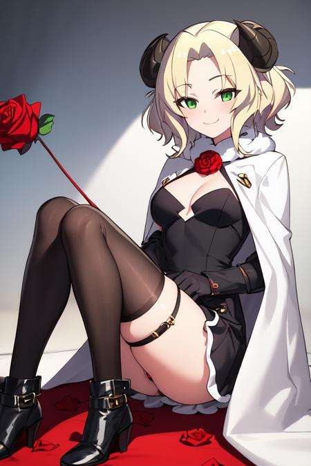 <lora:PecoraV1:0.77>pecora((best quality)), ((masterpiece)), (detailed)1girl, ankle_boots, black_footwear, blonde_hair, breasts, cape, coat, dress, flower, fur_trim, gloves, green_eyes, horns, red_rose, rose, short_hair, smile, solo, transparent_background(interview:1.3)upper_body